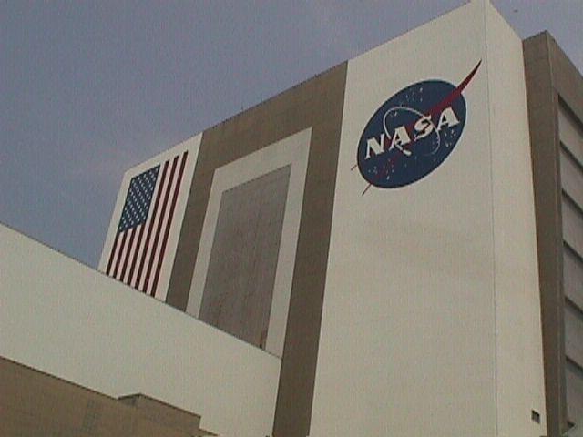 The NASA 'meatball' painted on the side of the huge VAB